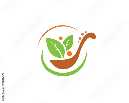 Healthy food logo concept with spoon, leaf, and circle