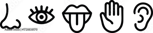 Five senses icons in a row representing human sensory perception