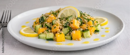 Fresh quinoa salad with mango cubes, cucumber, and lemon dressing, minimalist style.