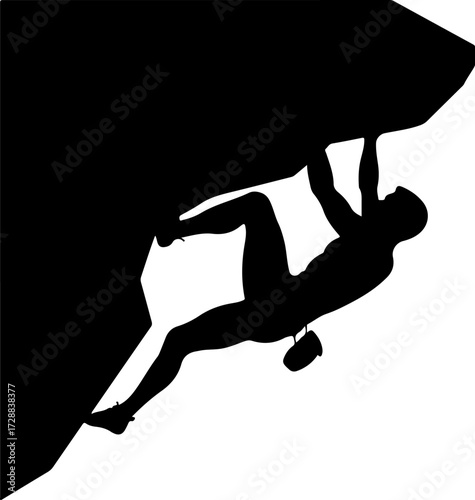 Silhouette of a rock climber bouldering on a steep overhang cliff face