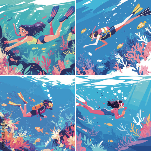 Divers with snorkeling gear swim through clear waters, discovering vibrant coral reefs and encountering various fish. The scene captures the beauty of underwater exploration.