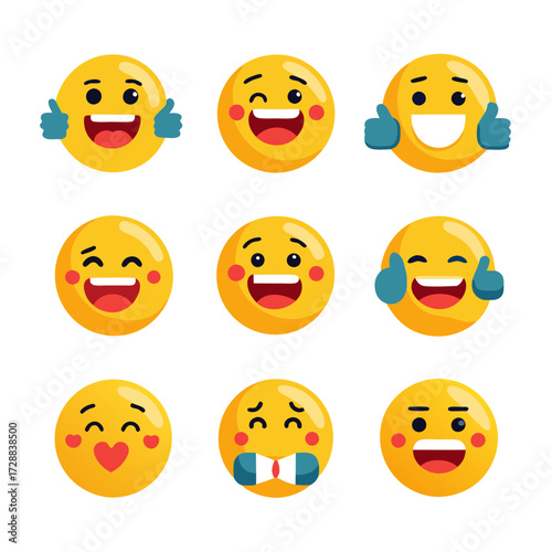 Variety of happy emoji icons set on white background