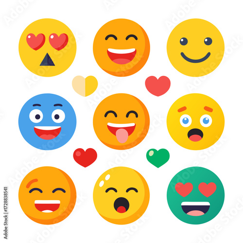 Collection of flat design emoji icons conveying varied emotions