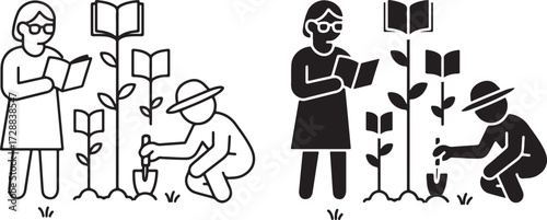 Knowledge Growth Concept – People Planting Books Like Trees Vector Icon