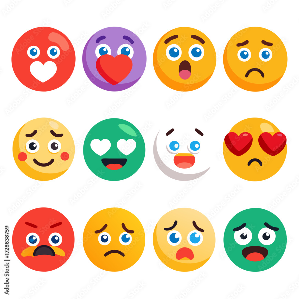 Fototapeta premium Assorted emoji faces expressing diverse emotions, flat design style