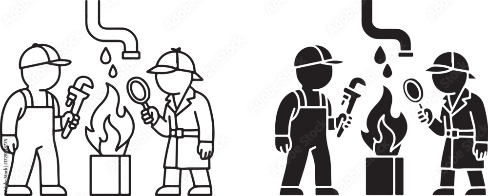 Obraz premium Plumber and Detective Investigating Fire – Repair and Inspection Concept Vector Icon
