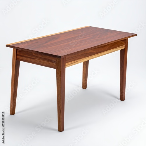 Handcrafted wooden table with warm brown tones, simplistic design on white backdrop