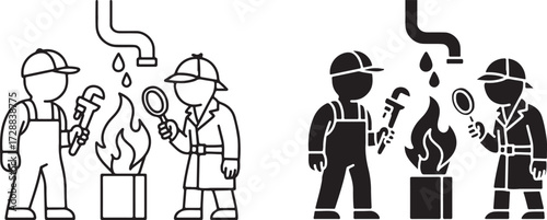 Plumber and Detective Investigating Fire – Repair and Inspection Concept Vector Icon