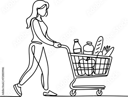 One continuous line drawing of a young woman pushing a shopping cart full of groceries