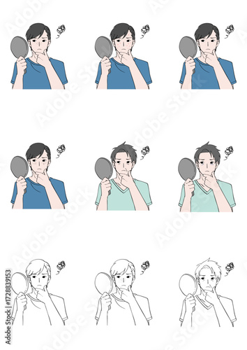 肌が気になり鏡を見る男性のイラストセット