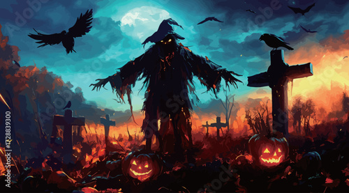 A scarecrow looms in a dark graveyard filled with glowing jack-o-lanterns. Ravens fly in the eerie sunset sky while shadows stretch across the ground.