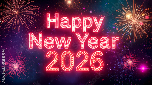 Vibrant neon glowing text “Happy New Year 2026” with colorful fireworks, sparkling glitter lights, radiant night sky background, festive celebration design.