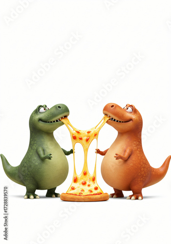 Two cartoon dinosaurs happily sharing a large slice of cheesy pizza on a white background, symbolizing friendship and fun