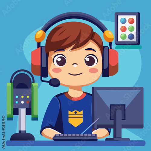 Young gamer focused on computer with headset and gaming gear