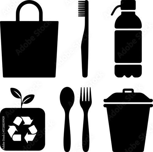 Set of black silhouette icons for zero-waste and sustainable living concepts