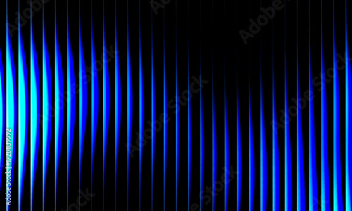 Vibrant neon blue and black wavy light pattern, futuristic glowing vertical stripes, abstract optical art background with smooth gradient.
