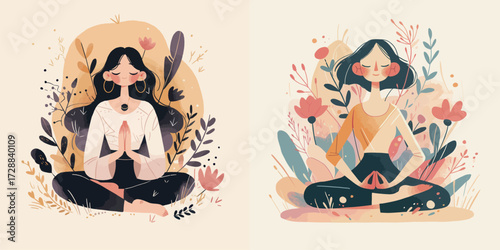 Two stylized women are meditating in a serene environment filled with colorful flowers and plants. The art captures peaceful expressions and relaxed poses, promoting mindfulness.