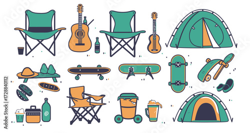 A collection of camping items including tents, chairs, musical instruments, and outdoor games, set for a fun camping trip. Enjoying nature and good company.