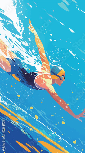 A skilled swimmer glides effortlessly through vibrant blue water, showcasing athleticism and focus. The scene captures the energy and excitement of competitive swimming.
