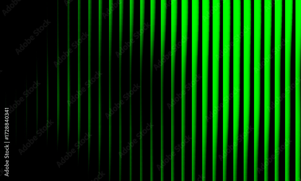 Fototapeta premium Glowing neon green vertical wave pattern on black background, futuristic abstract light design, modern optical art with smooth gradient.