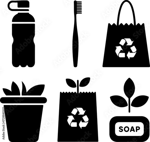 Set of eco-friendly icons for sustainability and healthy living in silhouette