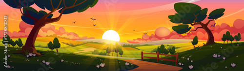 Summer countryside with farm barn, windmill