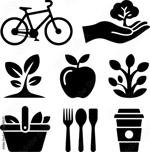 Sustainable Living and Healthy Lifestyle Icon Set Nature, Eco-Friendly Activities, and Organic Food Symbols