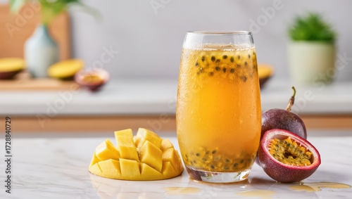 Tropical smoothie with passion fruit, mango, and citrus