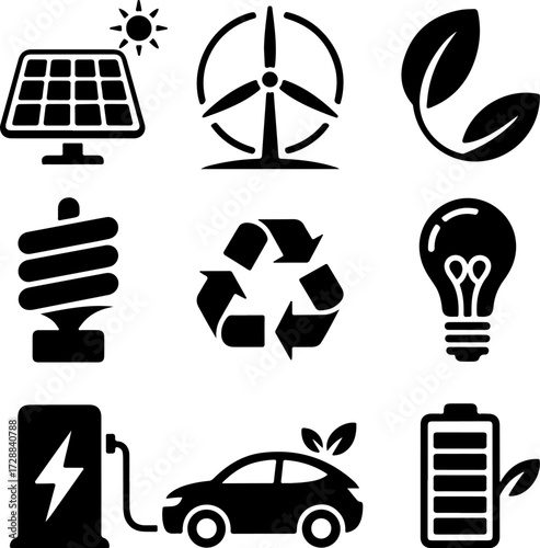 Sustainable Energy Icons Vector Set of Environmental Elements in Black and White
