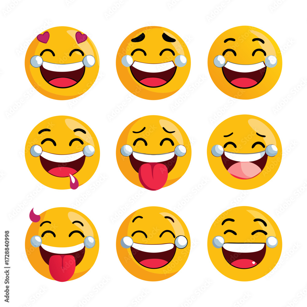 Fototapeta premium Yellow emoji face expressing various emotions isolated on white