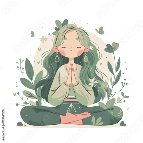 A young woman sits in a calm pose, eyes closed, practicing meditation. She is surrounded by vibrant green plants and flowers, promoting tranquility and peace.