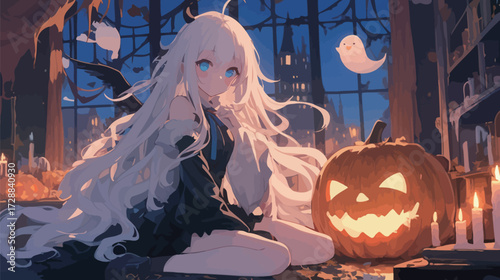 A girl with long white hair sits beside a carved pumpkin in a dimly lit room. Candles flicker softly, creating a magical Halloween atmosphere as ghosts float nearby.