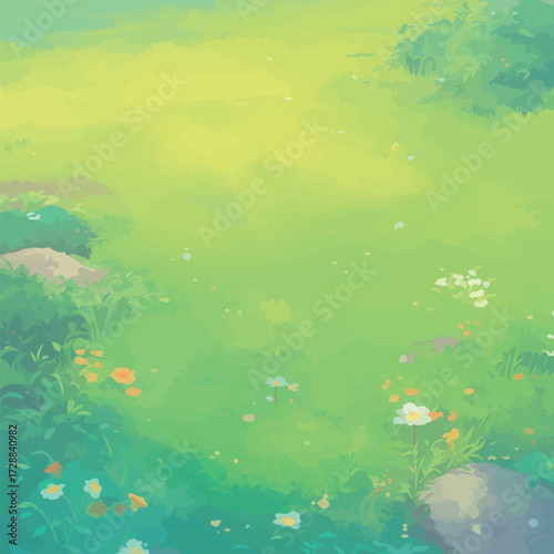 Bright green meadow is dotted with vibrant flowers under a clear blue sky during a peaceful sunny day. Light enhances the beauty of nature.
