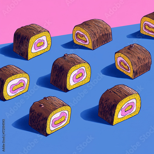 Pop Art Hand-Drawn Chocolate Swiss Rolls Pattern on Blue and Pink Background