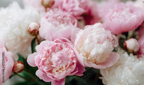  pink peonies, top view, only peonies are visible, peony buds in pink and white tones