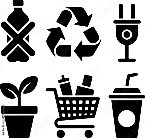 Set of icons representing recycling, plant, shopping cart, and drinks