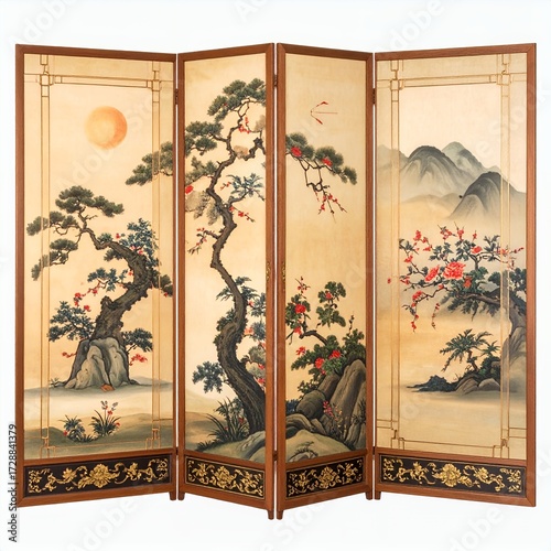 Elegant oriental screen depicting traditional landscape artwork with natural light white background