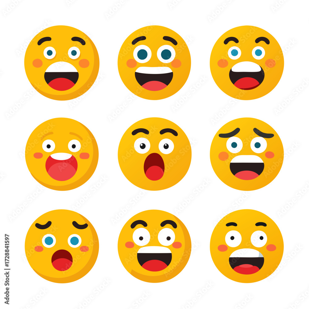 Fototapeta premium Nine yellow emoji faces expressing different emotions on white background