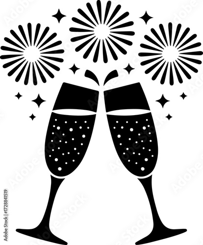 Celebration of sparkling champagne glasses with fireworks and stars for holidays
