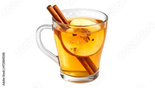 Hot herbal golden and green tea beverage in a white cup with fresh lemon, mint leaf, and cinnamon sticks