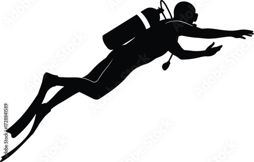 Scuba diver silhouette illustration, underwater swimming with diving gear, snorkeling fins, oxygen tank, adventure sport design, black vector isolated on white background