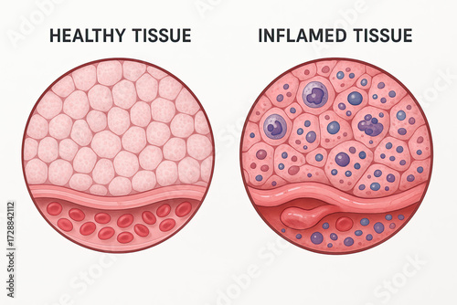 Illustration comparing healthy tissue with inflamed tissue, showing cellular differences and blood vessel changes.