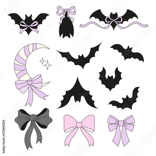 Preppy Pastel Halloween Bat Silhouette wit Bow Clipart Set. Cute Aesthetic Spooky Bats elements for Scrapbooking, Stickers, Sublimation