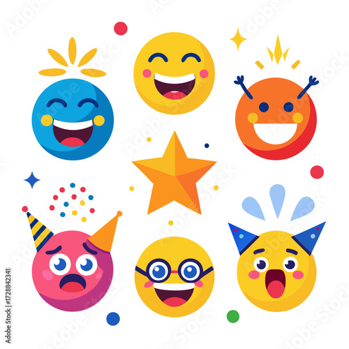 Colorful emoticon set celebrating festive mood in flat design style