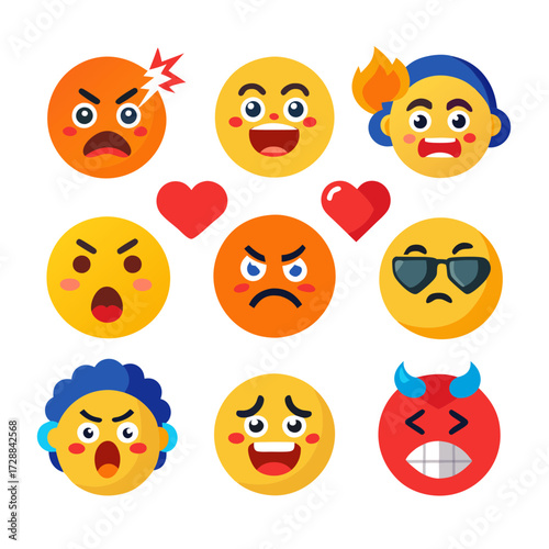 Diverse collection of flat vector emoji icons on white