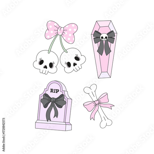 Cute Coquette Halloween Graveyard Clipart Set. Pastel Skull cherry, Bone, Coffin and Monument with Bows, Trendy Spooky Elements Isolated on White