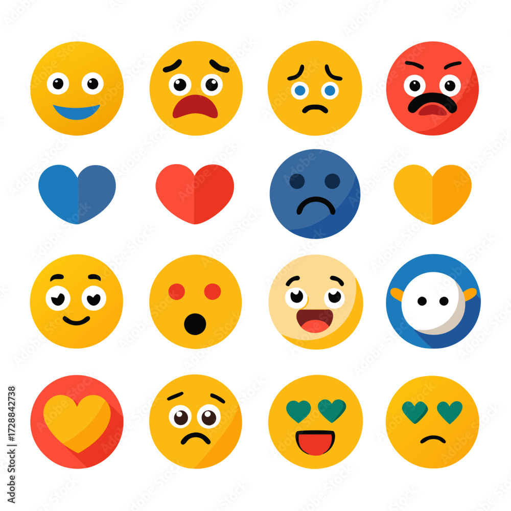 Fototapeta premium Flat vector emoji and heart collection in square format