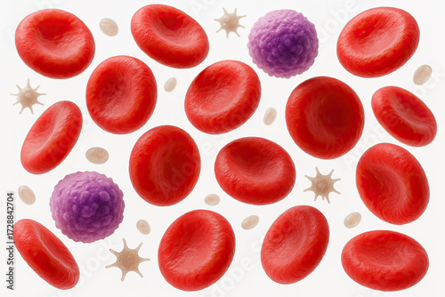 Realistic 3D illustration of red blood cells, white blood cells, and platelets floating in the bloodstream.