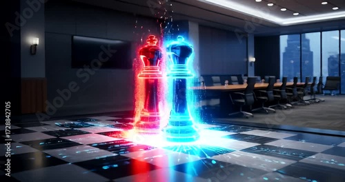 Corporate Strategy Chess Game: Digital Kings on the Boardroom Floor with lights