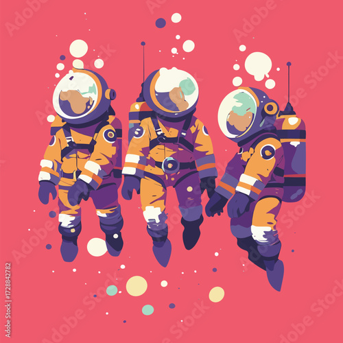 Three colorful astronauts float in space, showcasing their vibrant suits and helmets with planet designs. The bright background adds excitement to their mission.
